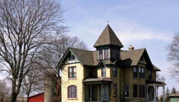Beautiful shot of a big farmhouse in a clear blue sky