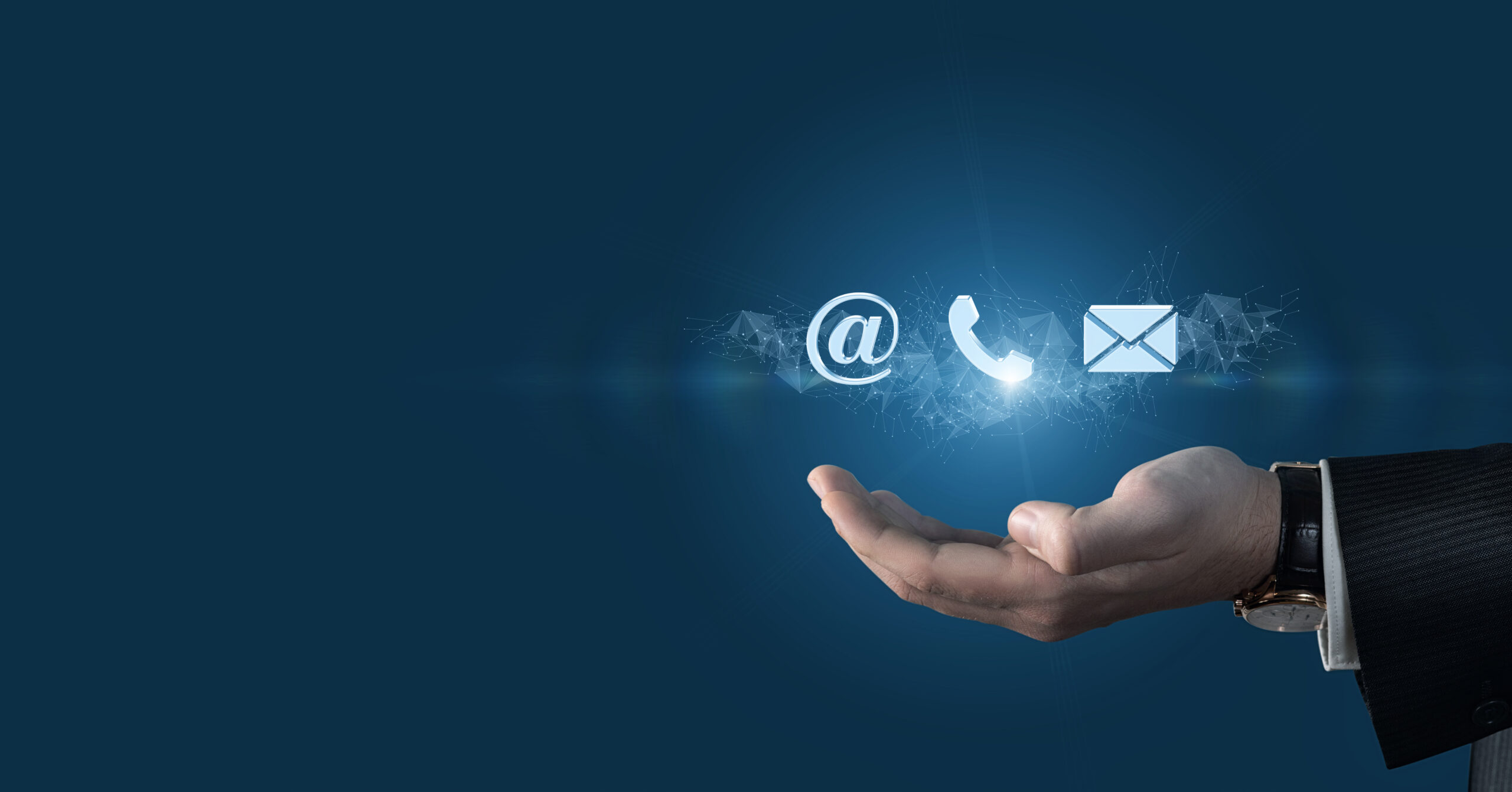 Hand shows icons of contacts .